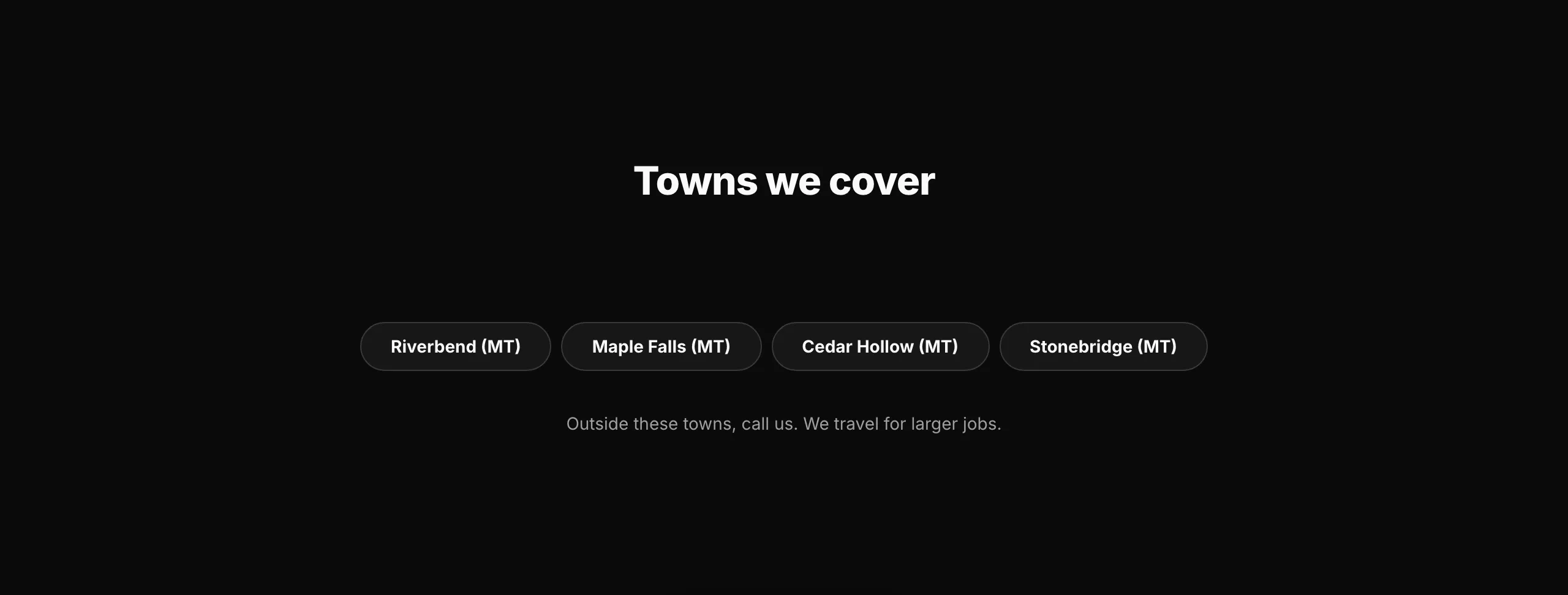 A Service Area section on the live Contact page, with four towns shown as rounded chips.
