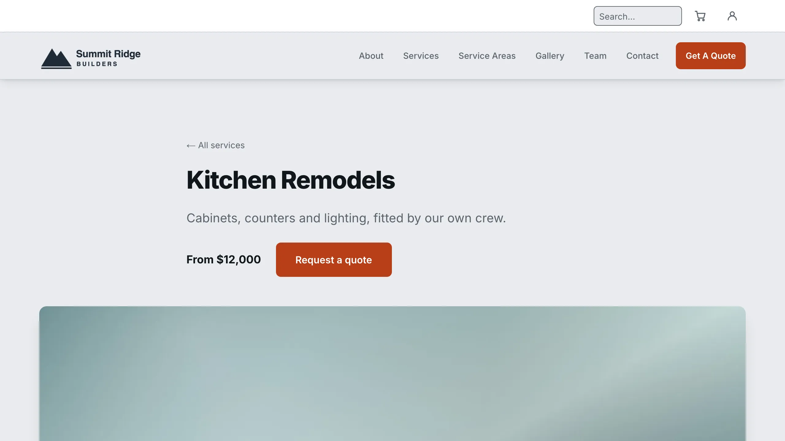 The live Kitchen Remodels page, showing the name, the summary, a From price and a Request a quote button.