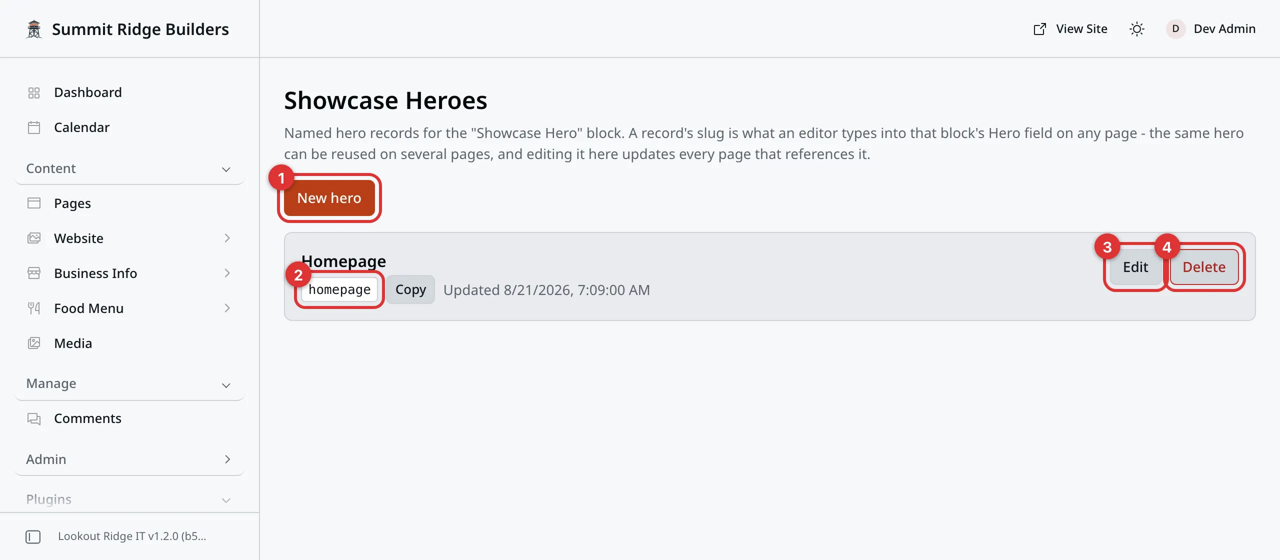 The Showcase Heroes screen with one record named Homepage. Four numbered marks: 1 on the New hero button, 2 on the slug under the name, 3 on Edit, 4 on the red Delete button.