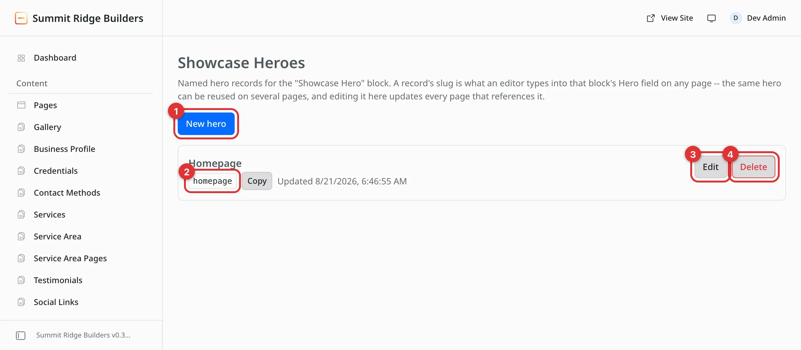 The Showcase Heroes screen with one record named Homepage. Four numbered marks: 1 on the New hero button, 2 on the slug under the name, 3 on Edit, 4 on the red Delete button.