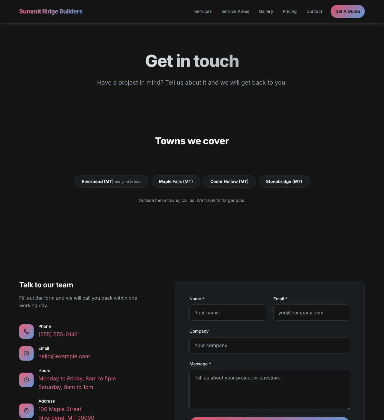 The sample Contact page in the Summit Ridge palette, dark mode: the header, the Get in touch heading, the town buttons, and the form.