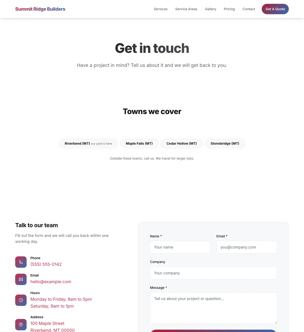 The sample Contact page in the Summit Ridge palette, light mode: the header, the Get in touch heading, the town buttons, and the form.