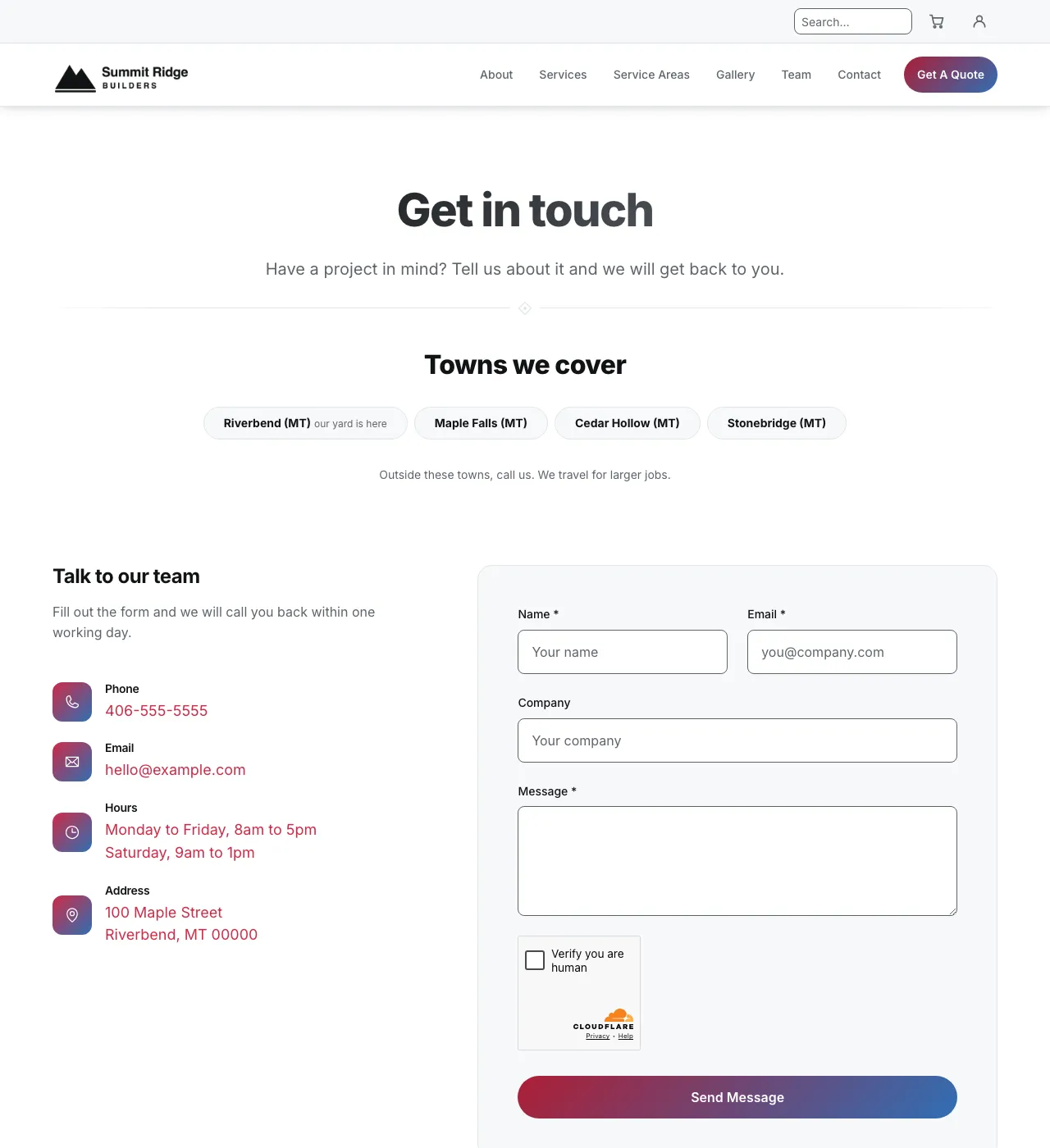 The sample Contact page in the Summit Ridge palette, light mode: the header, the Get in touch heading, the town buttons, and the form.