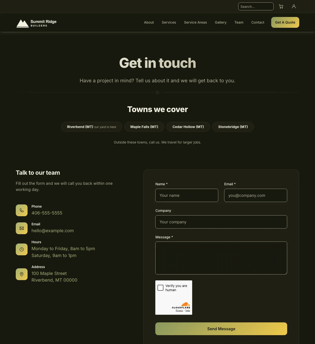 The sample Contact page in the Sunflower Field palette, dark mode: the header, the Get in touch heading, the town buttons, and the form.