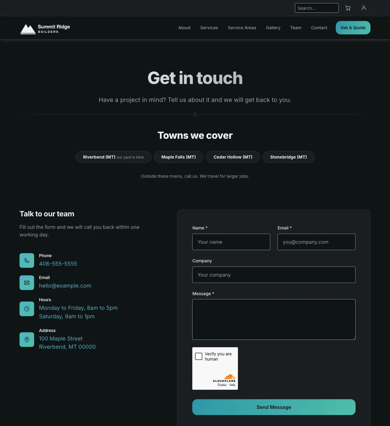 The sample Contact page in the Tide Pool palette, dark mode: the header, the Get in touch heading, the town buttons, and the form.