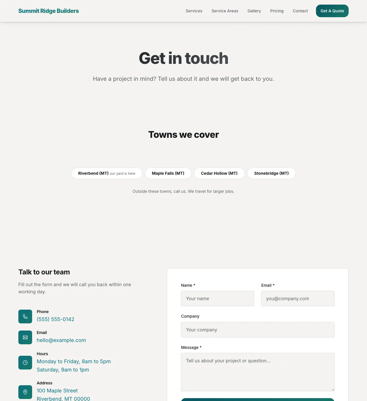 The sample Contact page in the Tide Pool palette, light mode: the header, the Get in touch heading, the town buttons, and the form.