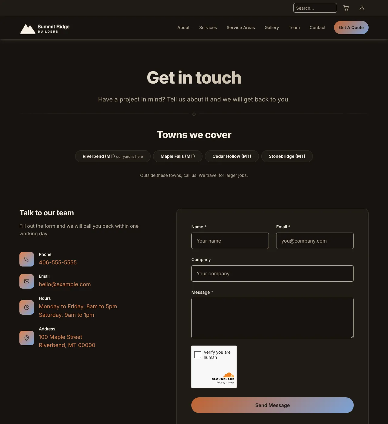 The sample Contact page in the Trailhead palette, dark mode: the header, the Get in touch heading, the town buttons, and the form.