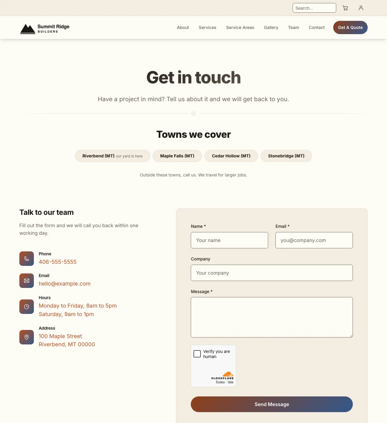 The sample Contact page in the Trailhead palette, light mode: the header, the Get in touch heading, the town buttons, and the form.