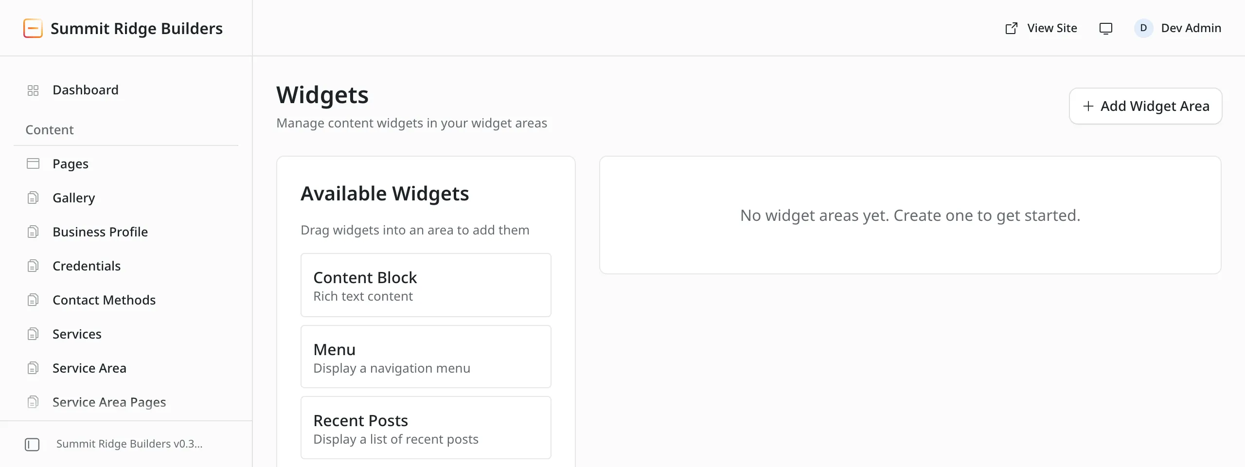 The Widgets screen. A list of available widgets on the left, and on the right a panel reading No widget areas yet. Create one to get started.